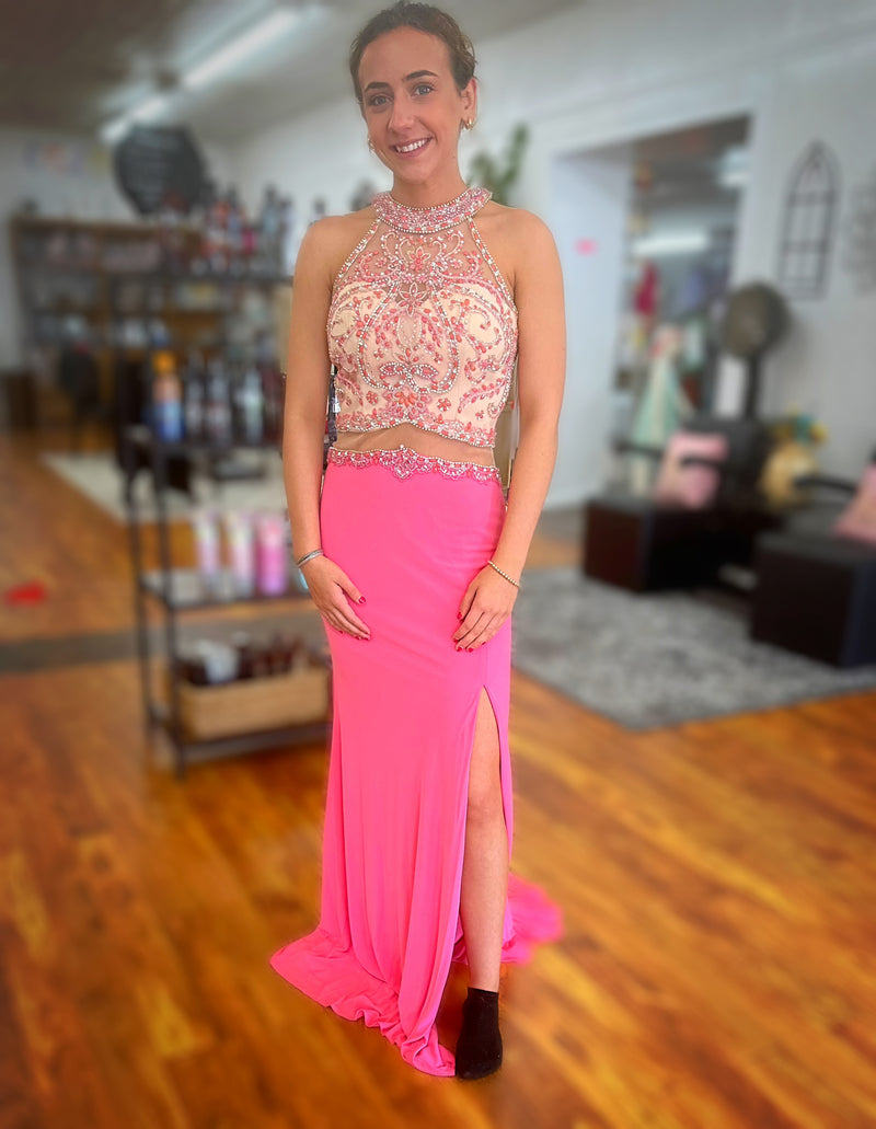 New Juliet Watermelon Mesh Waistline and Side Slit Evening Prom Gown