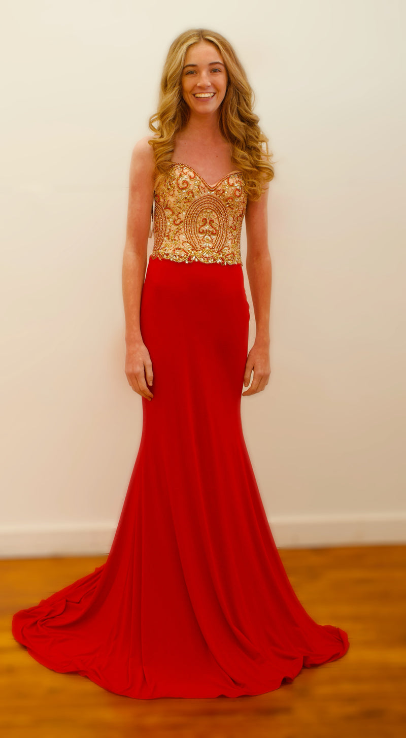 New Alyce Strapless Red Gown with Gold Beading - Size 0