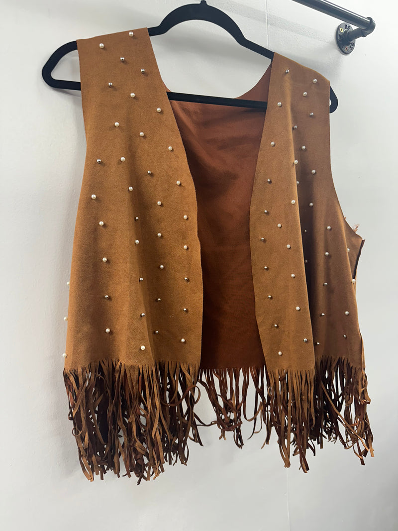 Brown Pearl Fringe Vest   3X    (001)