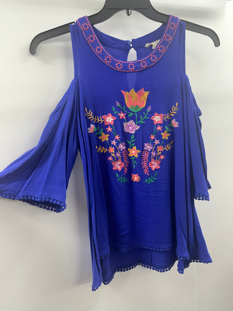 Oddi Blue Embroidered Cold Shoulder Top  Small   (020)