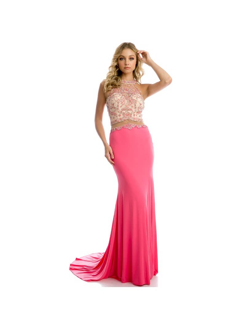 New Juliet Watermelon Mesh Waistline and Side Slit Evening Prom Gown