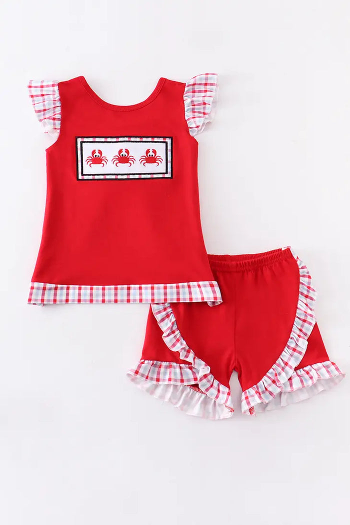 Red crab Embroidery Ruffle Girl Set