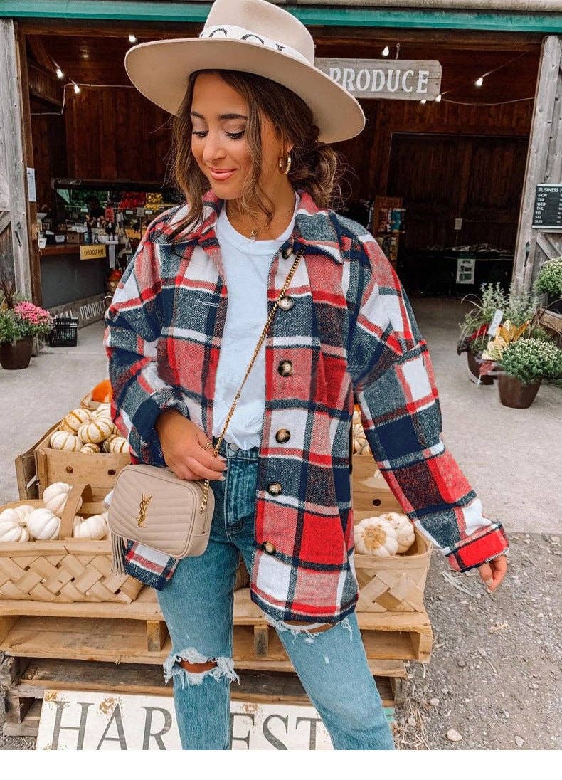 Plaid Blouse Shirts Flannel Shacket Jacket Coats "Red"