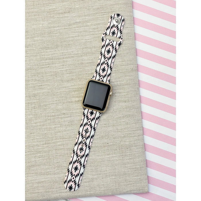 Black Aztec Printed Silicone Smart Watch Band - S/M
