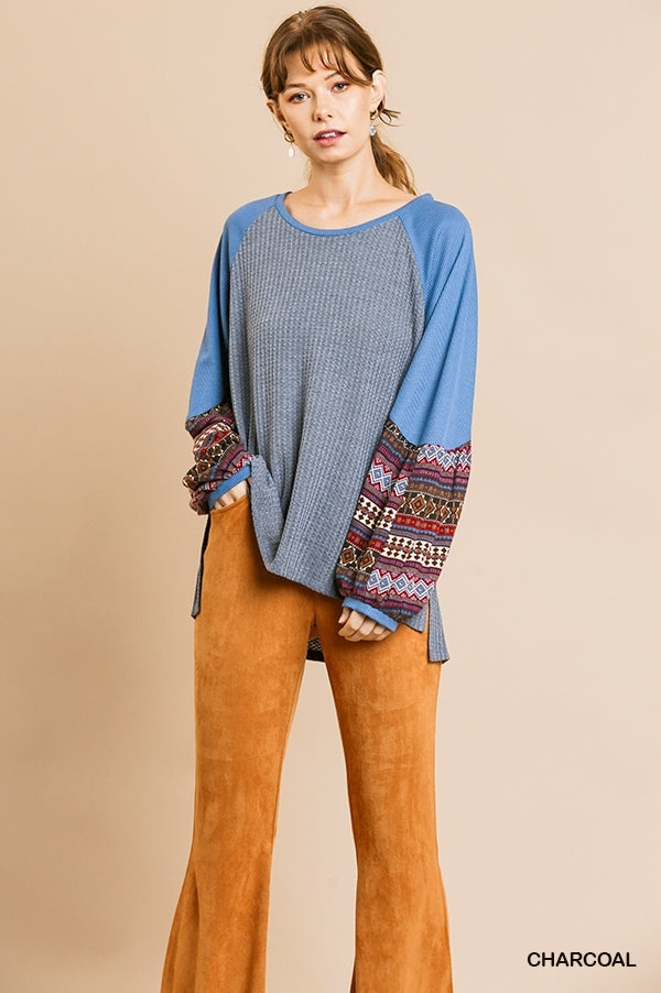 Aztec Print Long Puff Sleeve Waffle Knit Round Neck Top