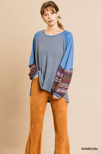 Aztec Print Long Puff Sleeve Waffle Knit Round Neck Top