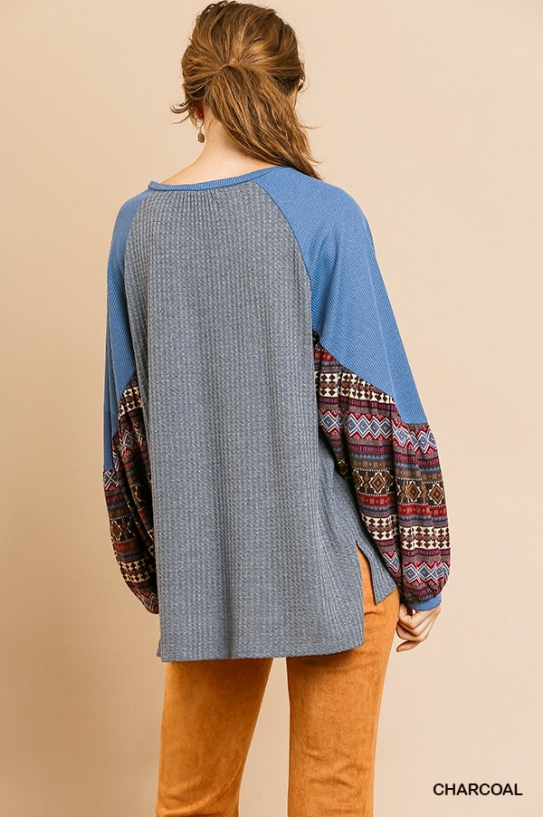 Aztec Print Long Puff Sleeve Waffle Knit Round Neck Top