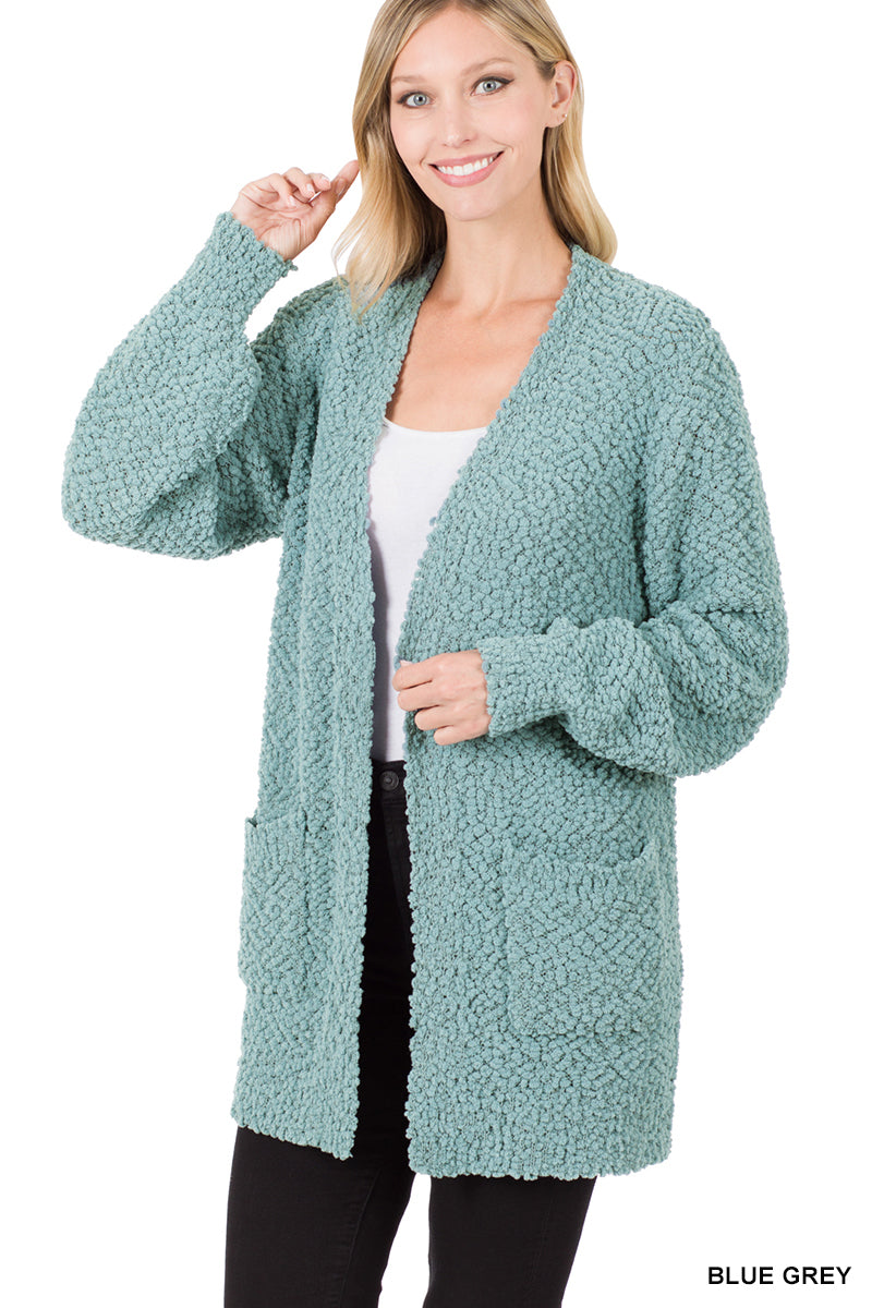 LONG SLEEVE POPCORN CARDIGAN WITH POCKETS