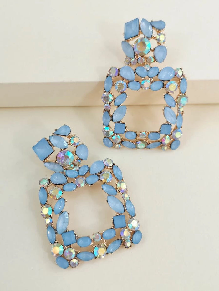 Baby Blue Square Rhinestone Earrings