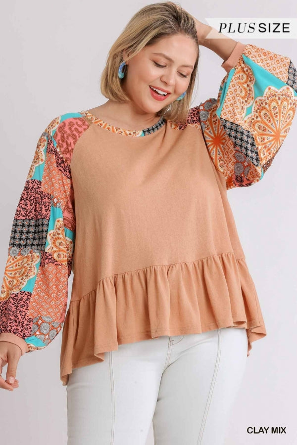 Clay Mix Print Long Sleeve Round Neck Top with Ruffle Hem