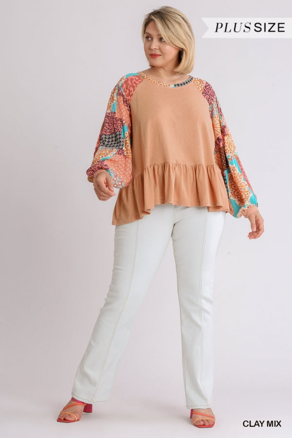 Clay Mix Print Long Sleeve Round Neck Top with Ruffle Hem