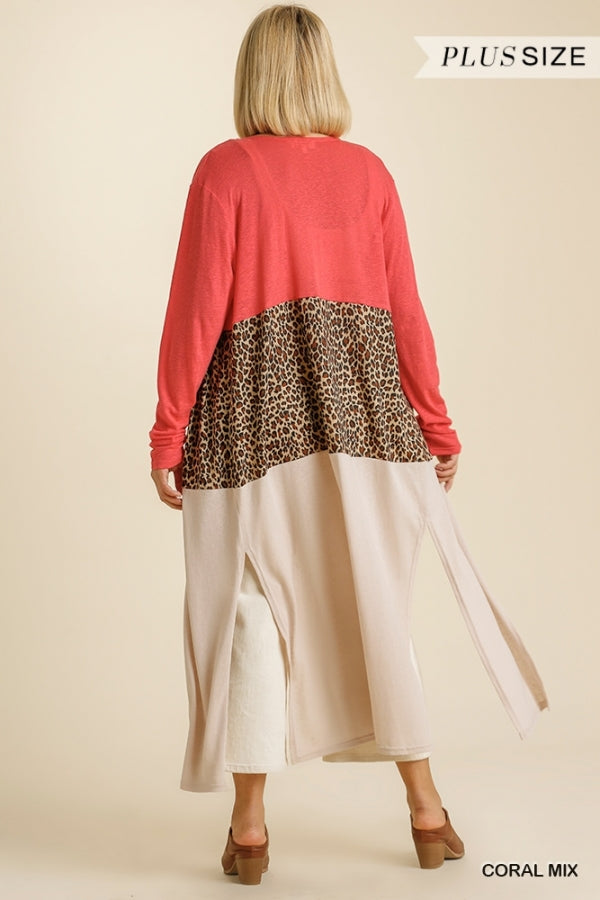 Coral Mix Linen Blend Animal Print Colorblock Open Front Cardigan with Side Slits