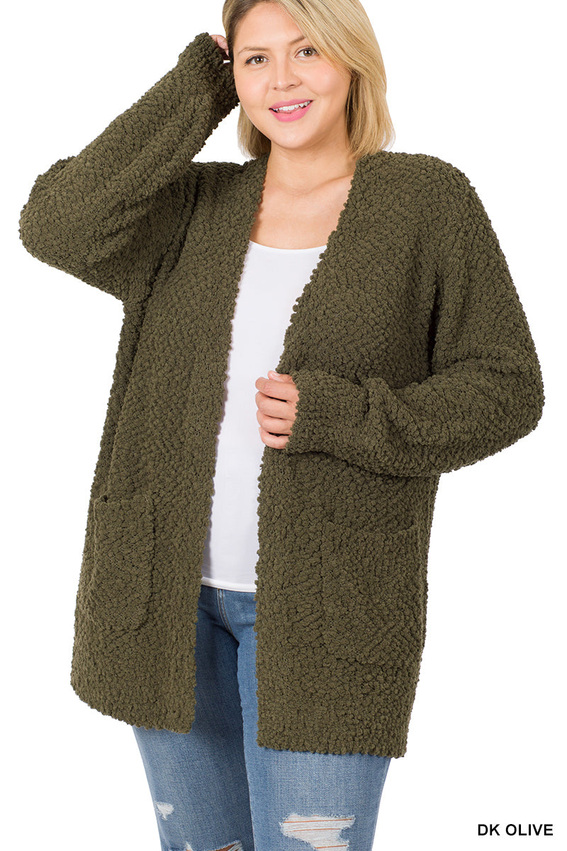 LONG SLEEVE POPCORN CARDIGAN WITH POCKETS