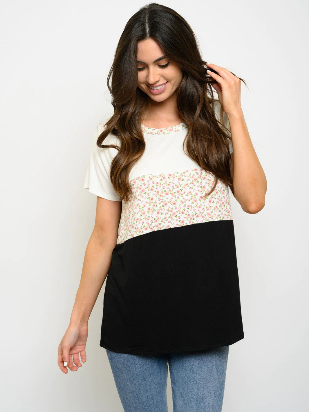 Ivory Floral Color Block Top