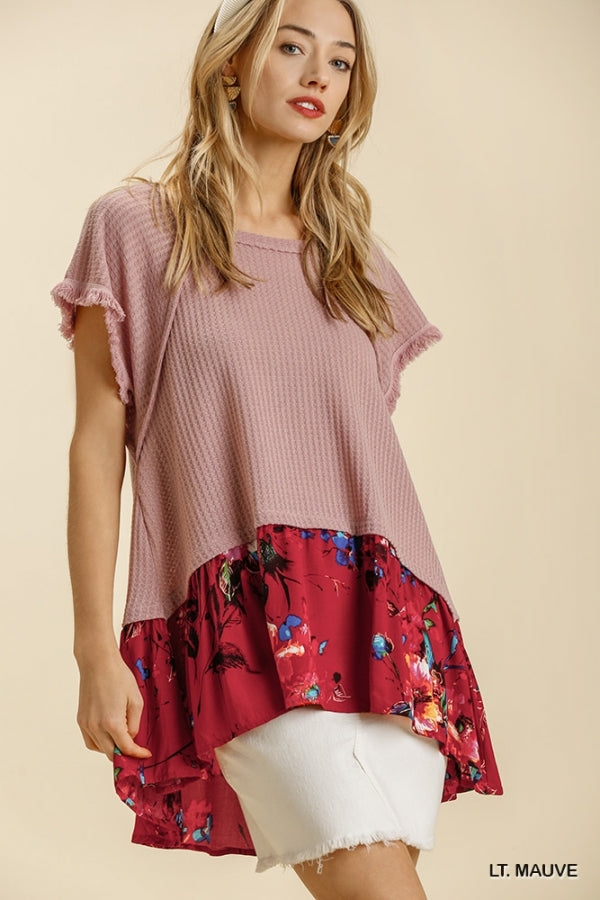 Floral Print Round Neck Waffle Knit Top with Short Frayed Sleeves and High Low Hem