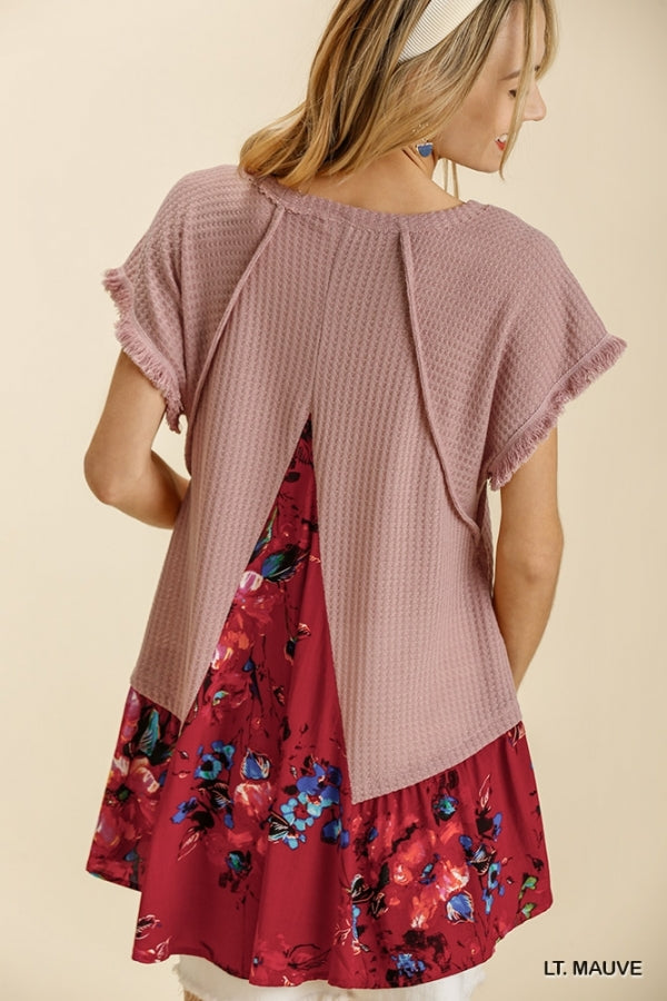 Floral Print Round Neck Waffle Knit Top with Short Frayed Sleeves and High Low Hem