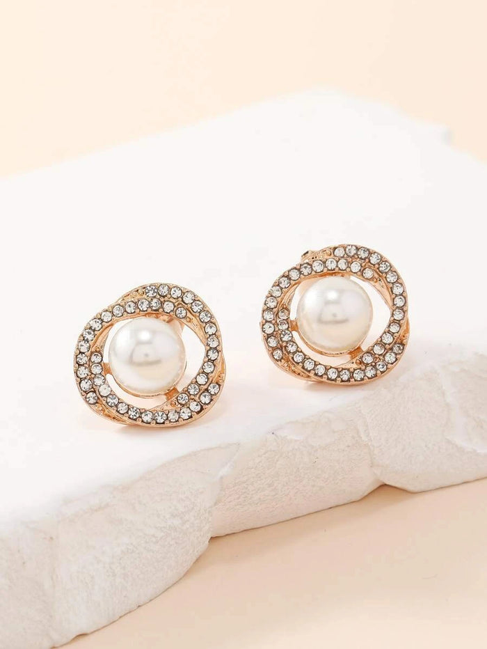Gold Rhinestone & Pearl Decor Clip On Earrings