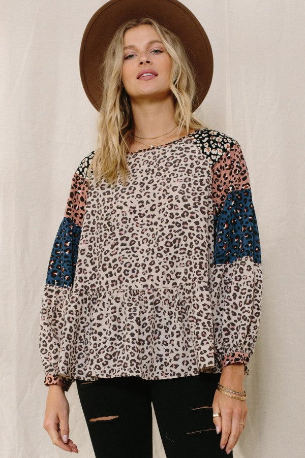 Colorblock Animal Print Baby Doll Top