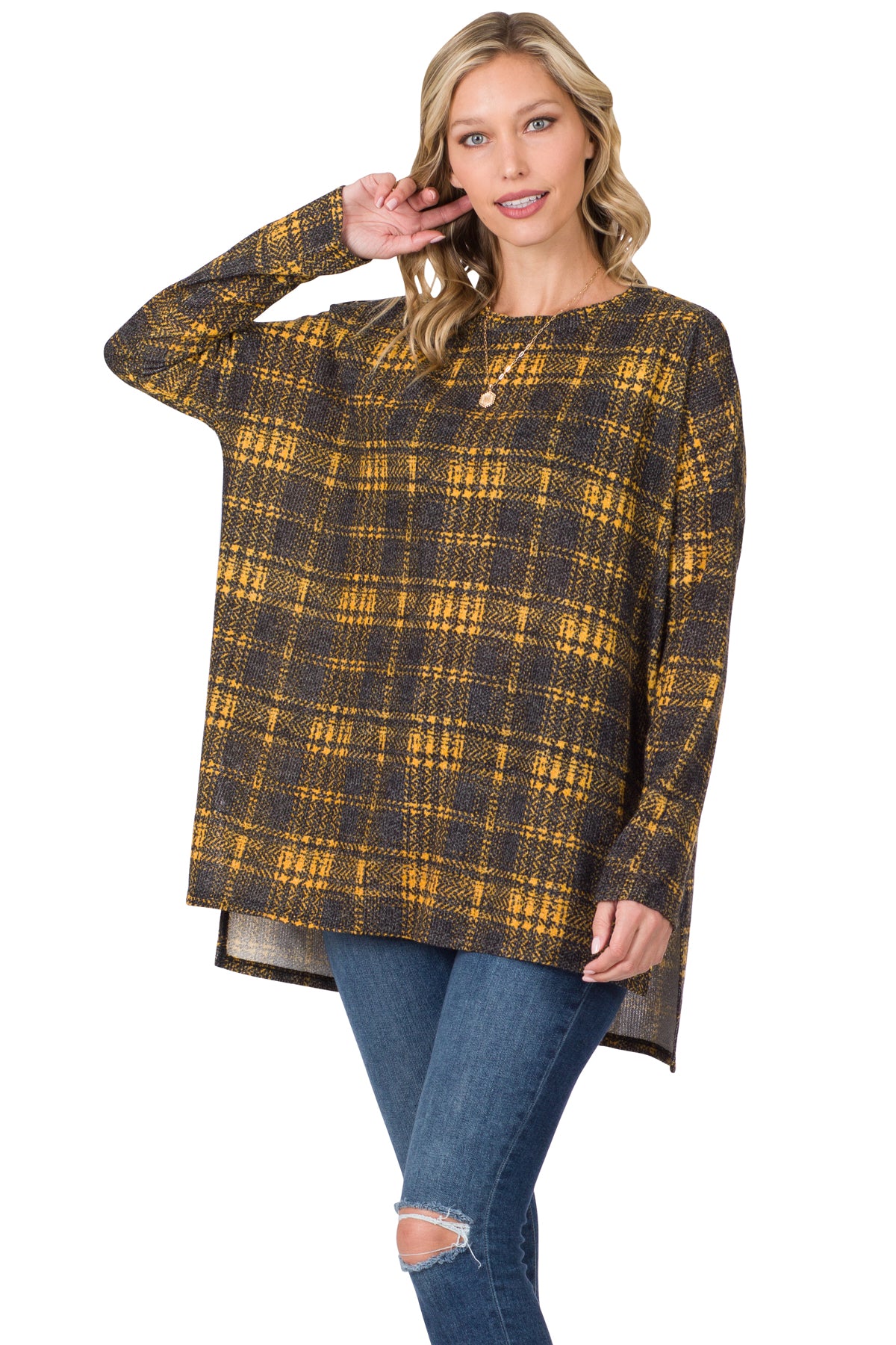 JACQUARD PLAID LONG SLEEVE HI-LOW HEM TOP