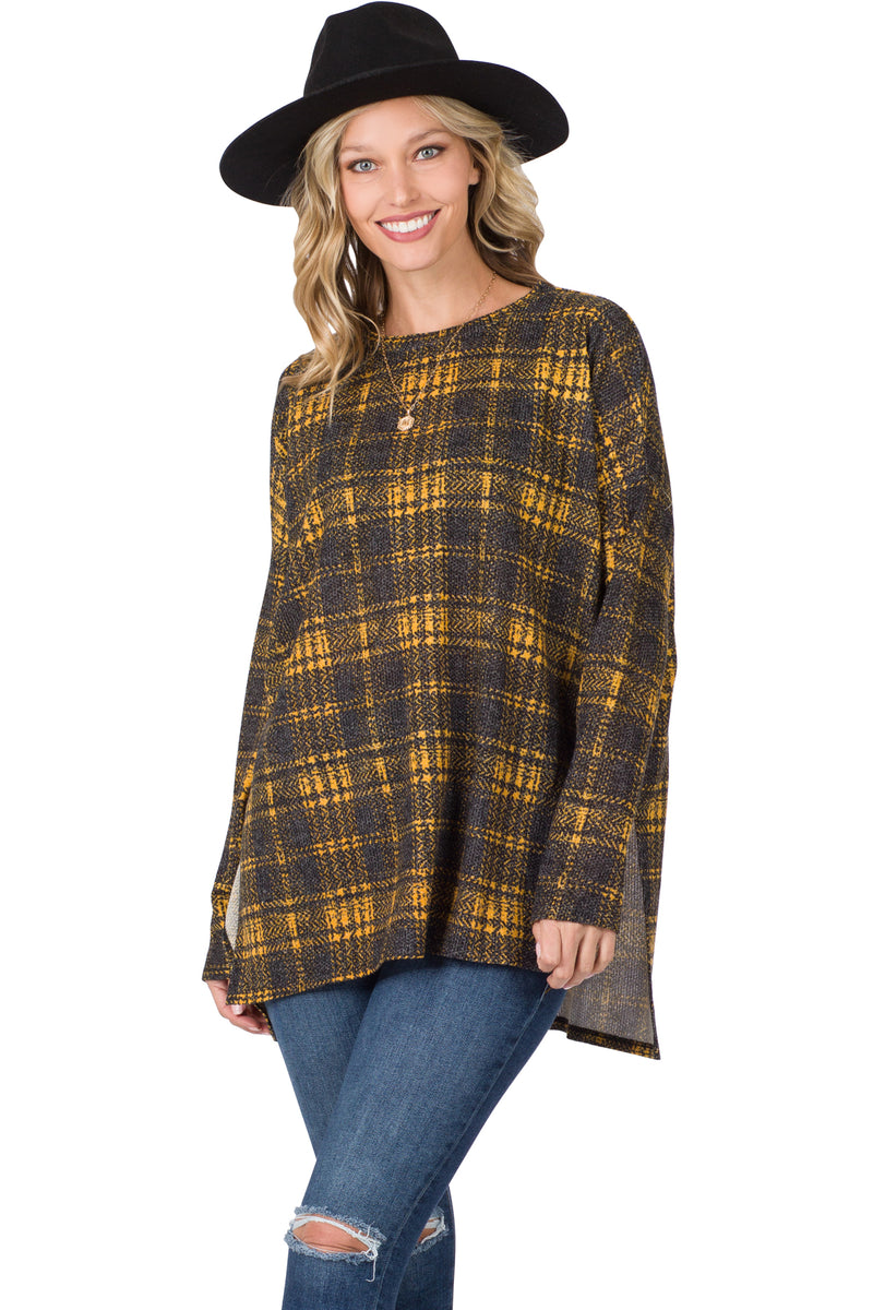 JACQUARD PLAID LONG SLEEVE HI-LOW HEM TOP