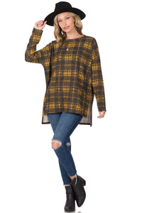 JACQUARD PLAID LONG SLEEVE HI-LOW HEM TOP