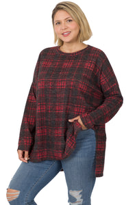 CURVY JACQUARD PLAID LONG SLV HI-LOW HEM TOP