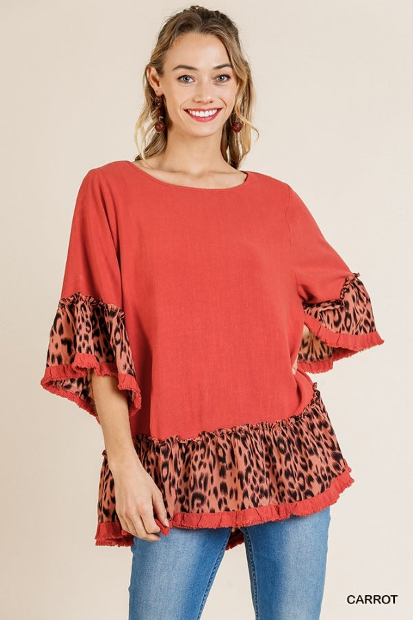 Linen Blend Animal Print Bell Sleeve Round Neck Top with Ruffle Hem