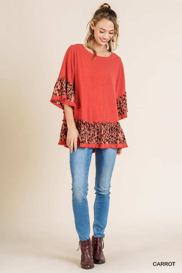 Linen Blend Animal Print Bell Sleeve Round Neck Top with Ruffle Hem