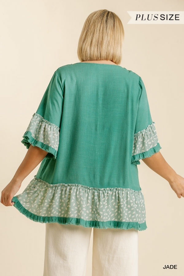 Linen Blend Teal Animal Print Bell Sleeve Round Neck Top with Ruffle Hem