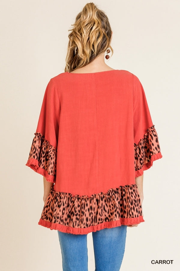 Linen Blend Animal Print Bell Sleeve Round Neck Top with Ruffle Hem