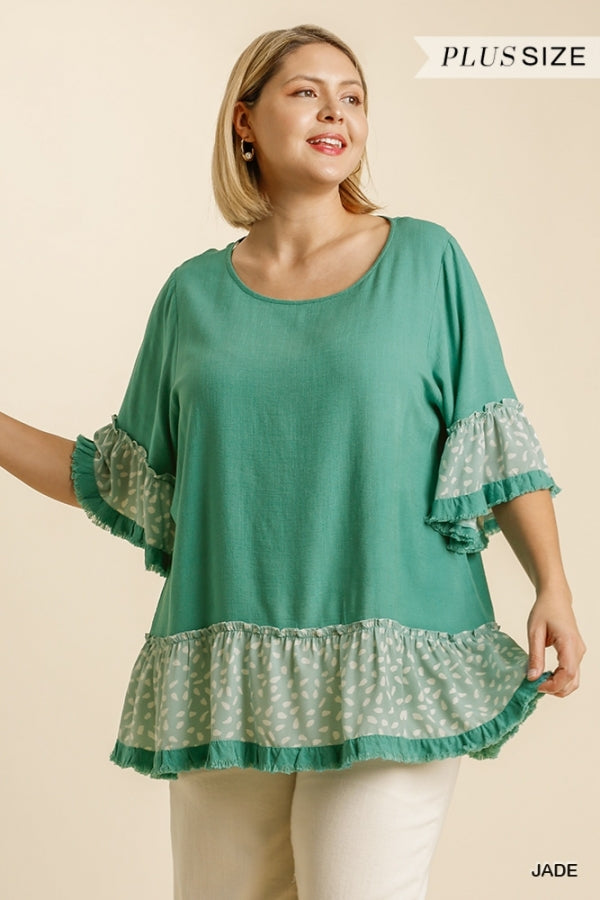 Linen Blend Teal Animal Print Bell Sleeve Round Neck Top with Ruffle Hem