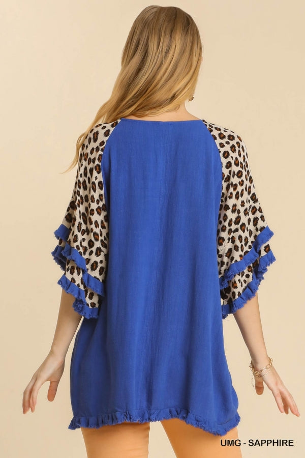 Sapphire Linen Blend Animal Print Layered Bell Sleeve Round Neck Top with Frayed Hem Details