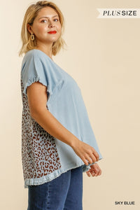 Linen Blend Animal Print Round Neck Short Sleeve Top with Fringe Hem