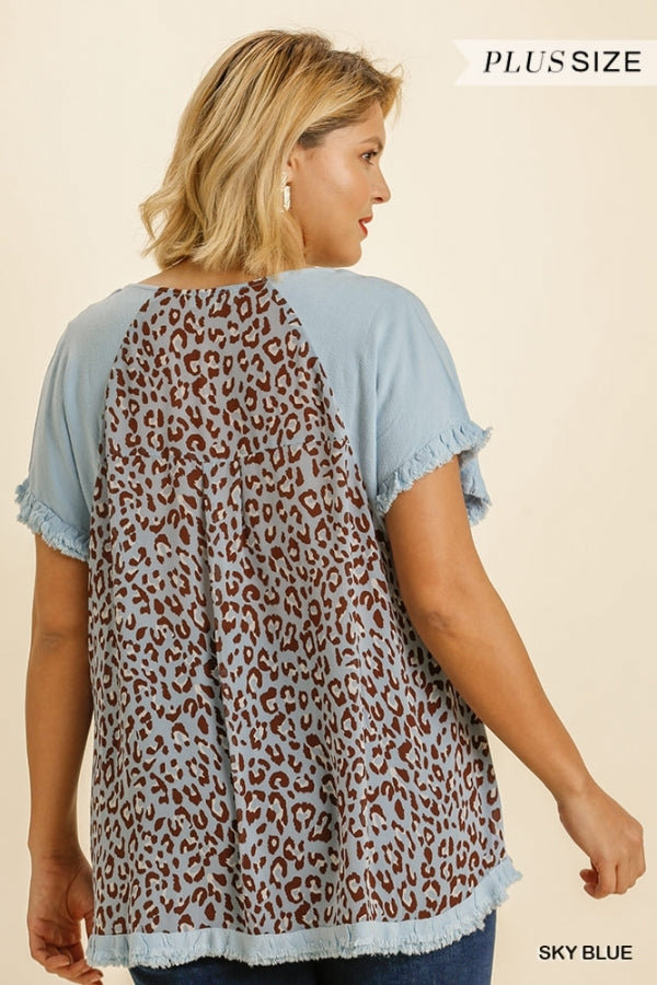 Linen Blend Animal Print Round Neck Short Sleeve Top with Fringe Hem