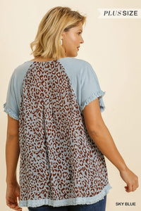 Linen Blend Animal Print Round Neck Short Sleeve Top with Fringe Hem