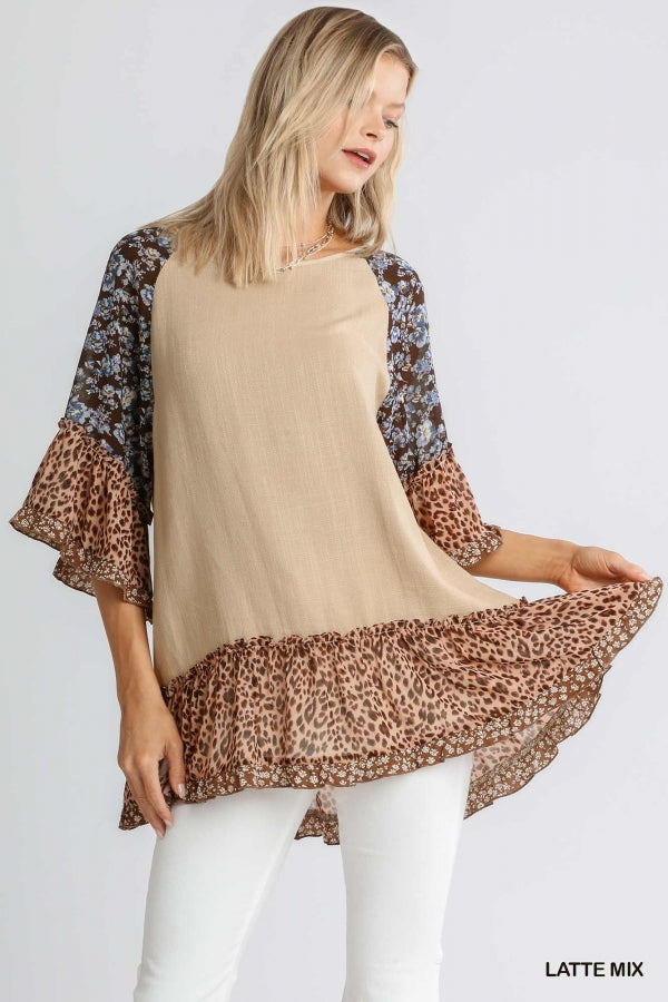 Linen Blend Mixed Print Boatneck 3/4 Sleeve Top with Ruffle Hem