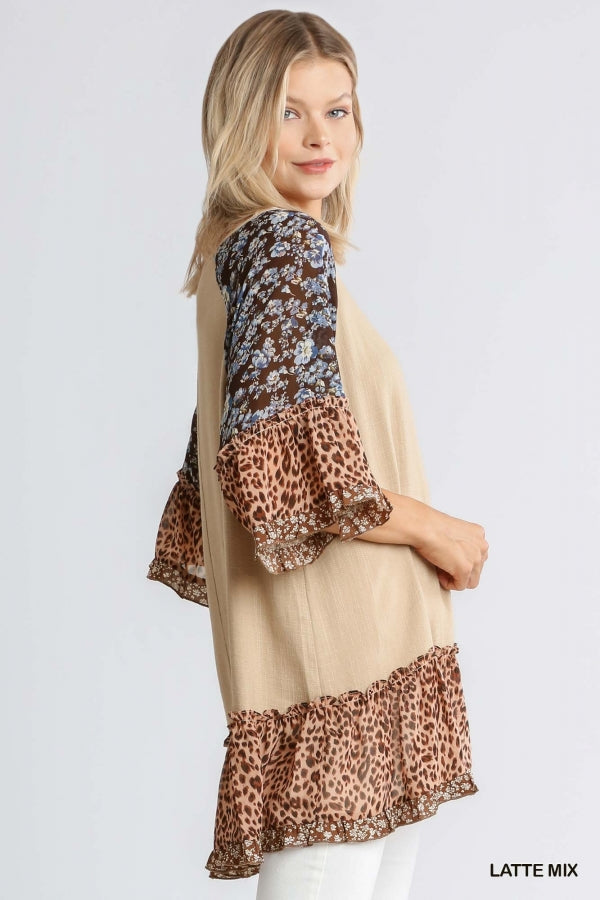 Linen Blend Mixed Print Boatneck 3/4 Sleeve Top with Ruffle Hem