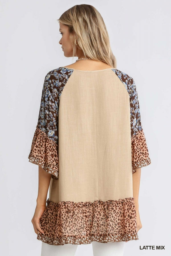 Linen Blend Mixed Print Boatneck 3/4 Sleeve Top with Ruffle Hem