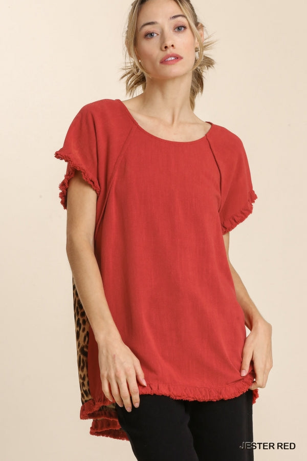 Linen Blend Short Ruffle Sleeve Round Neck Top with Animal Print Scoop Back