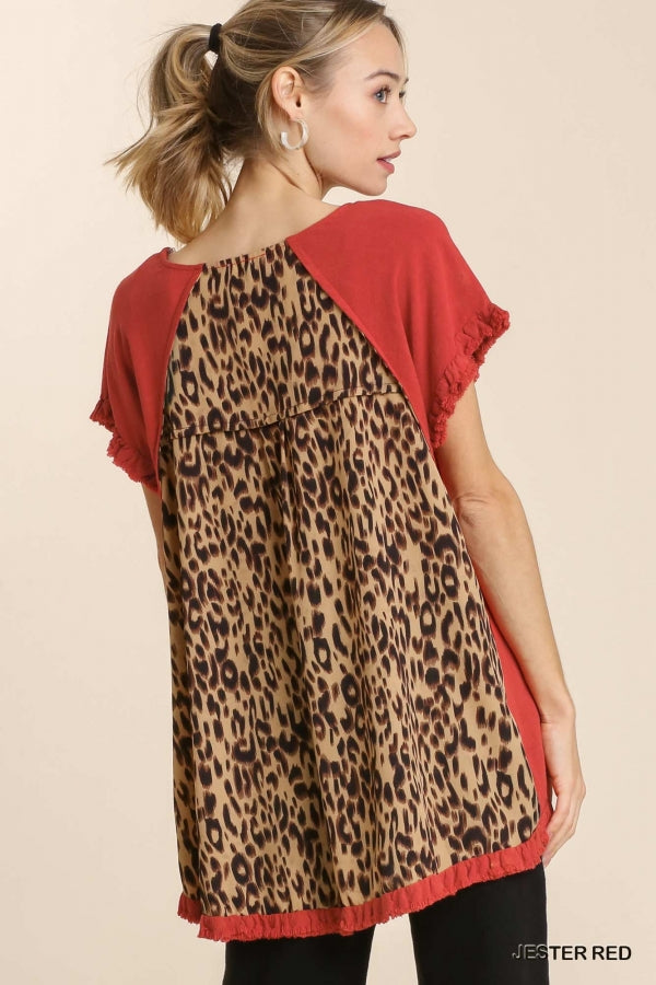 Linen Blend Short Ruffle Sleeve Round Neck Top with Animal Print Scoop Back