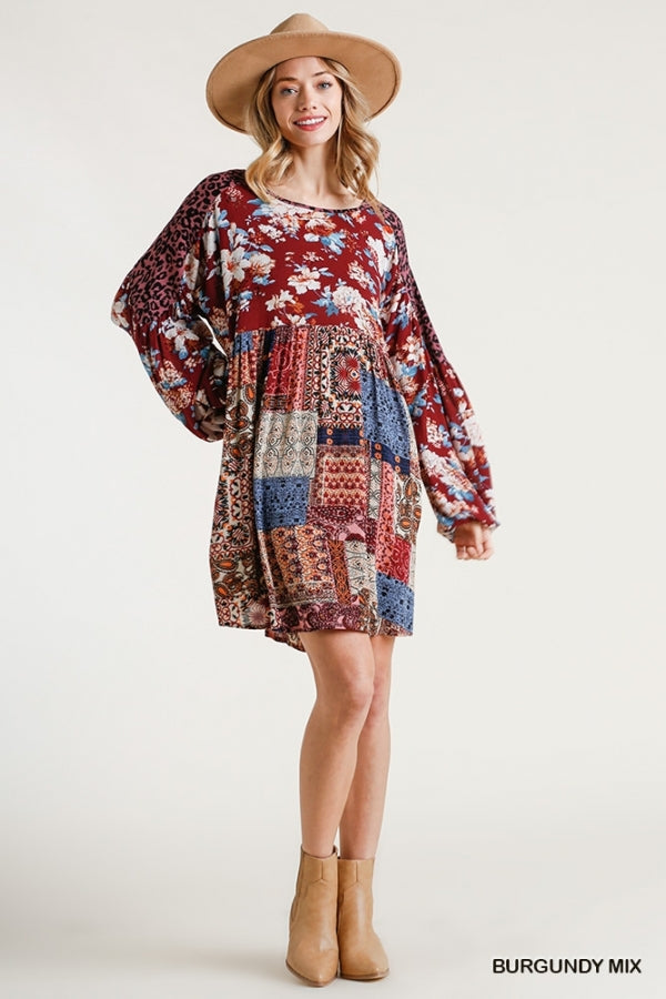 Multi Printed Round Neck Long Puff Sleeve Babydoll Dress