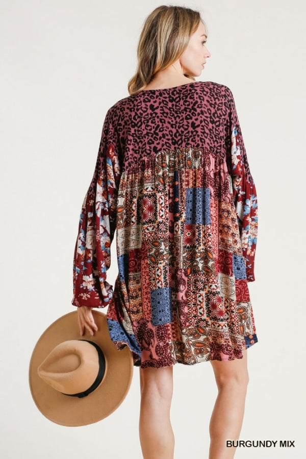 Multi Printed Round Neck Long Puff Sleeve Babydoll Dress