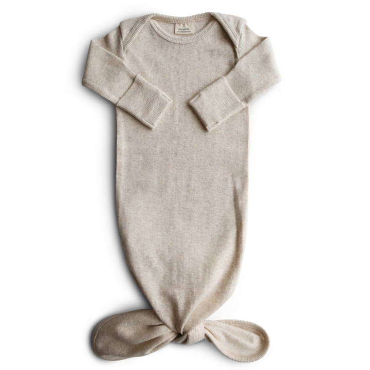 Beige Melange Ribbed Knotted Baby Gown