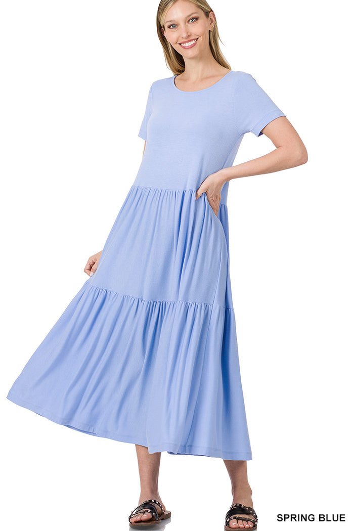 Spring Blue Tiered Midi Dress