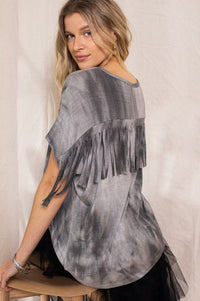 Washed Tie-dye Printed Knit Top with Fringe Detail