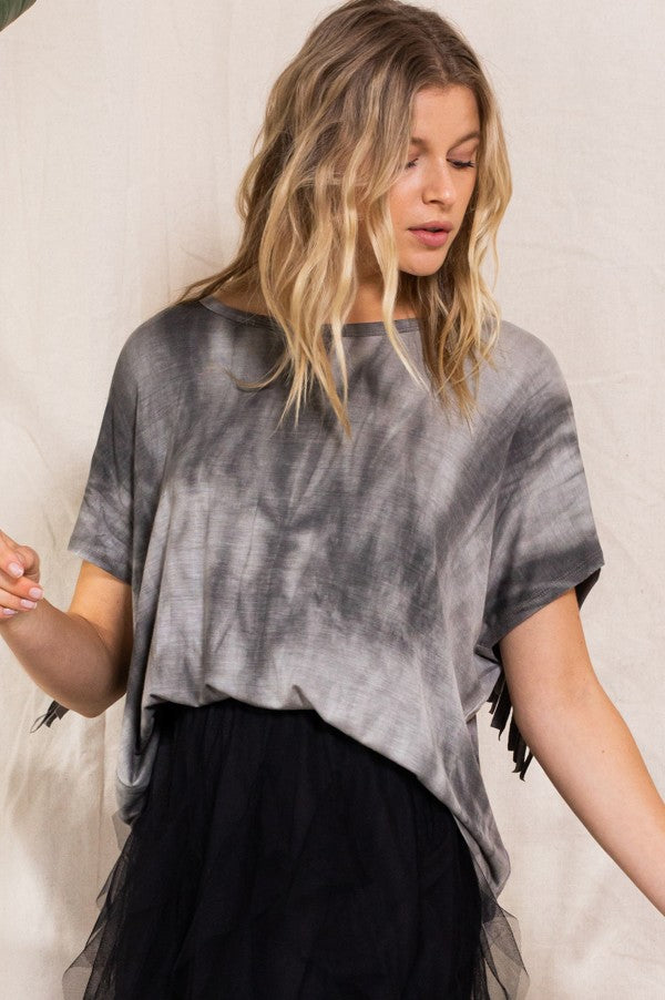 Washed Tie-dye Printed Knit Top with Fringe Detail