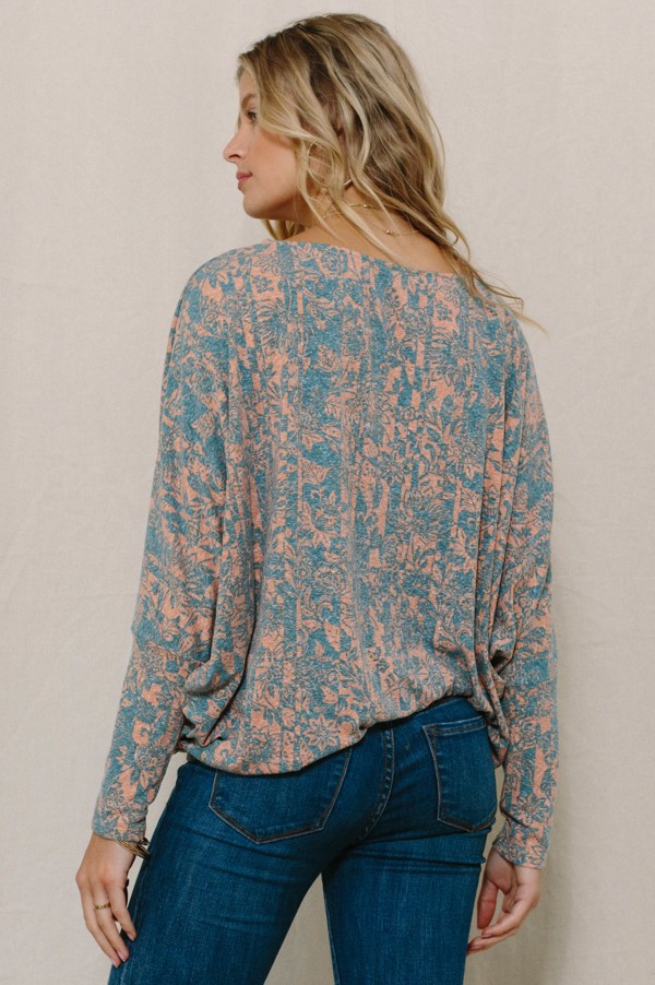 Floral printed wide neckline top