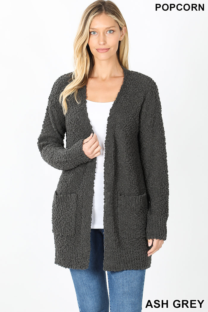 LONG SLEEVE POPCORN CARDIGAN WITH POCKETS