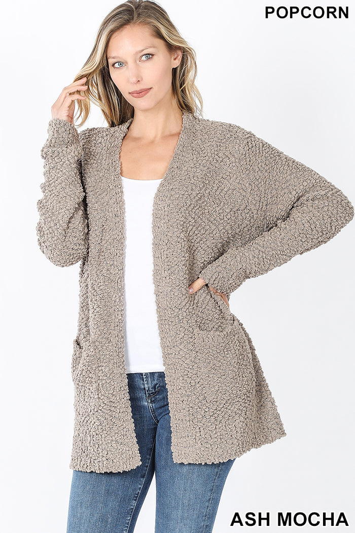 LONG SLEEVE POPCORN CARDIGAN WITH POCKETS