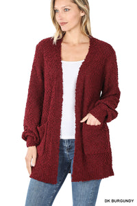 LONG SLEEVE POPCORN CARDIGAN WITH POCKETS